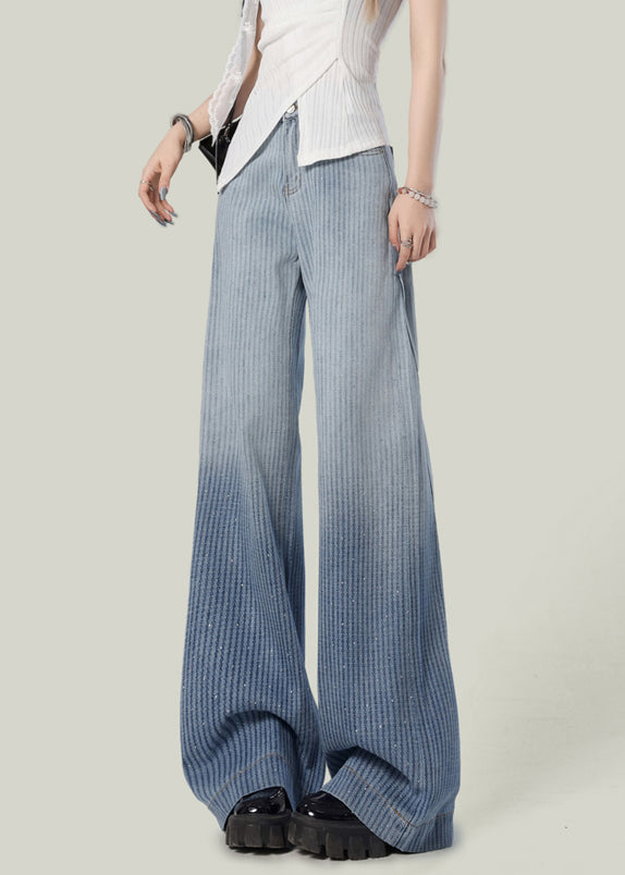 Striped Blue Gradient Color Zircon Denim Wide Leg Pants Spring