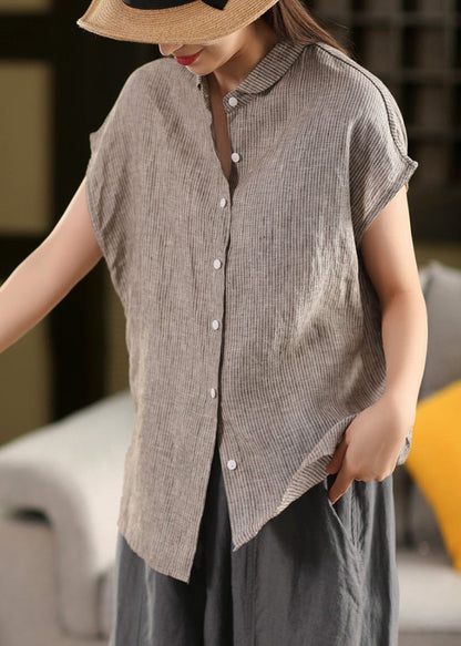 Striped Coffee Peter Pan Collar Button Linen Blouse Summer