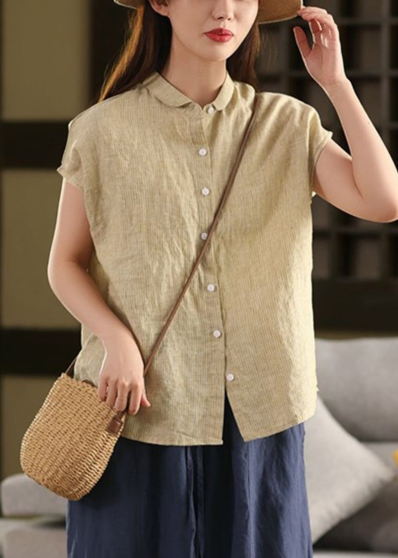 Striped Coffee Peter Pan Collar Button Linen Blouse Summer