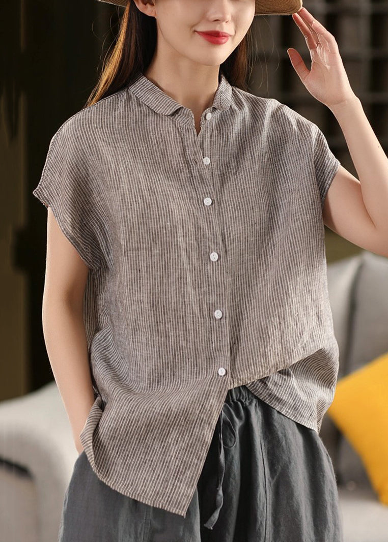 Striped Coffee Peter Pan Collar Button Linen Blouse Summer