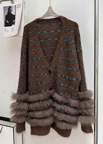 Striped Coffee V Neck Fluffy Patchwork Knit Cardigans Winter