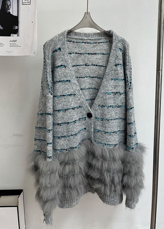 Striped Coffee V Neck Fluffy Patchwork Knit Cardigans Winter