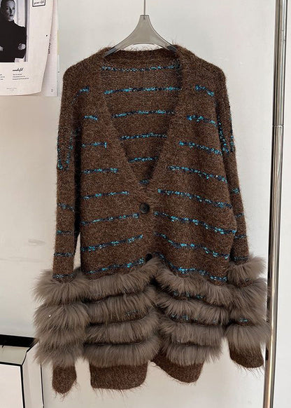 Striped Coffee V Neck Fluffy Patchwork Knit Cardigans Winter