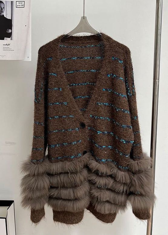Striped Coffee V Neck Fluffy Patchwork Knit Cardigans Winter