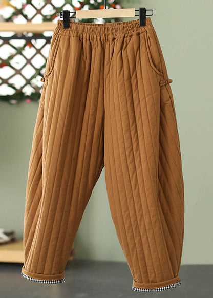 Pantalones cortos de algodón con cintura elástica y bolsillos de color amarillo jengibre a rayas para invierno