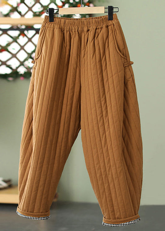Pantalones cortos de algodón con cintura elástica y bolsillos de color amarillo jengibre a rayas para invierno