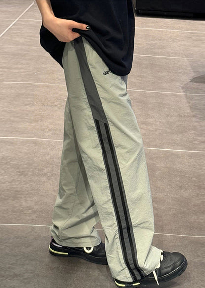 Striped Green Elastic Waist Patchwork Thin Cotton Mens Pants Summer