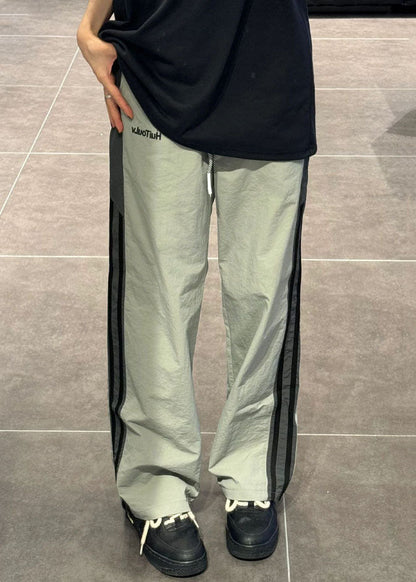 Striped Green Elastic Waist Patchwork Thin Cotton Mens Pants Summer