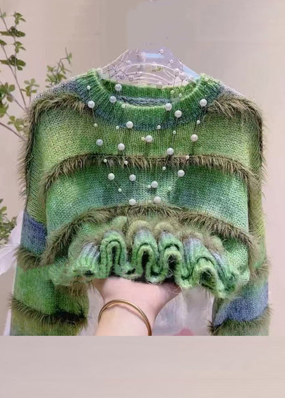 Suéter de punto acogedor con cuello redondo y degradado de color verde a rayas para invierno