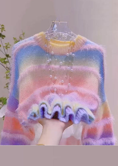 Suéter de punto acogedor con cuello redondo y degradado de color verde a rayas para invierno