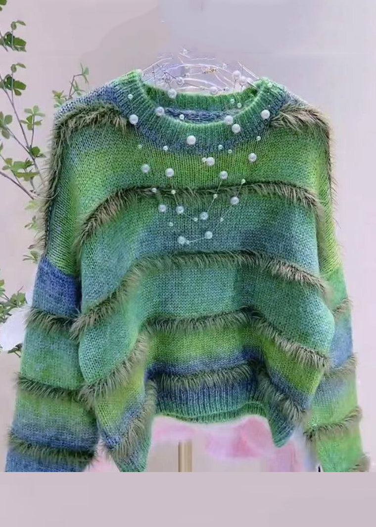 Suéter de punto acogedor con cuello redondo y degradado de color verde a rayas para invierno