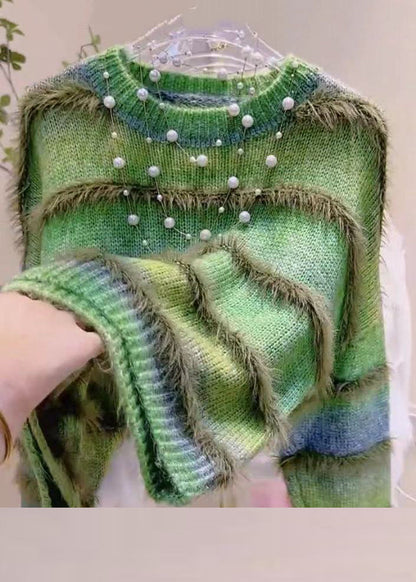 Suéter de punto acogedor con cuello redondo y degradado de color verde a rayas para invierno