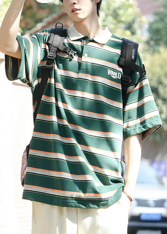 Striped Green Letter Button Cotton Men Polo Shirt Summer