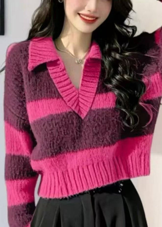 Suéter corto de punto acogedor con cuello Peter Pan y rayas verdes para primavera