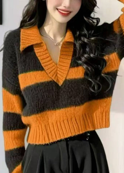 Suéter corto de punto acogedor con cuello Peter Pan y rayas verdes para primavera