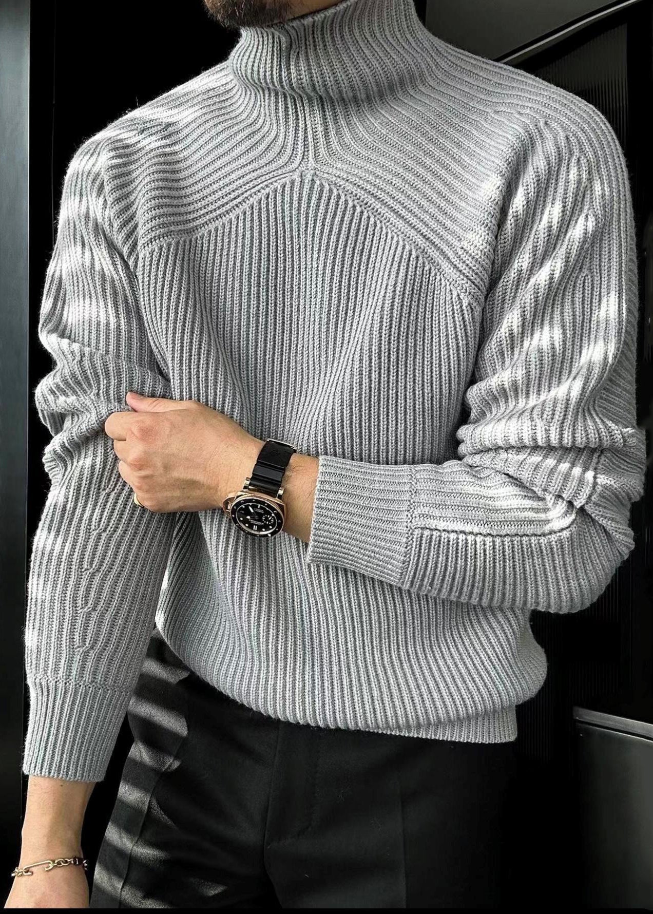 Striped Grey Turtleneck Solid Knit Men Sweaters Winter