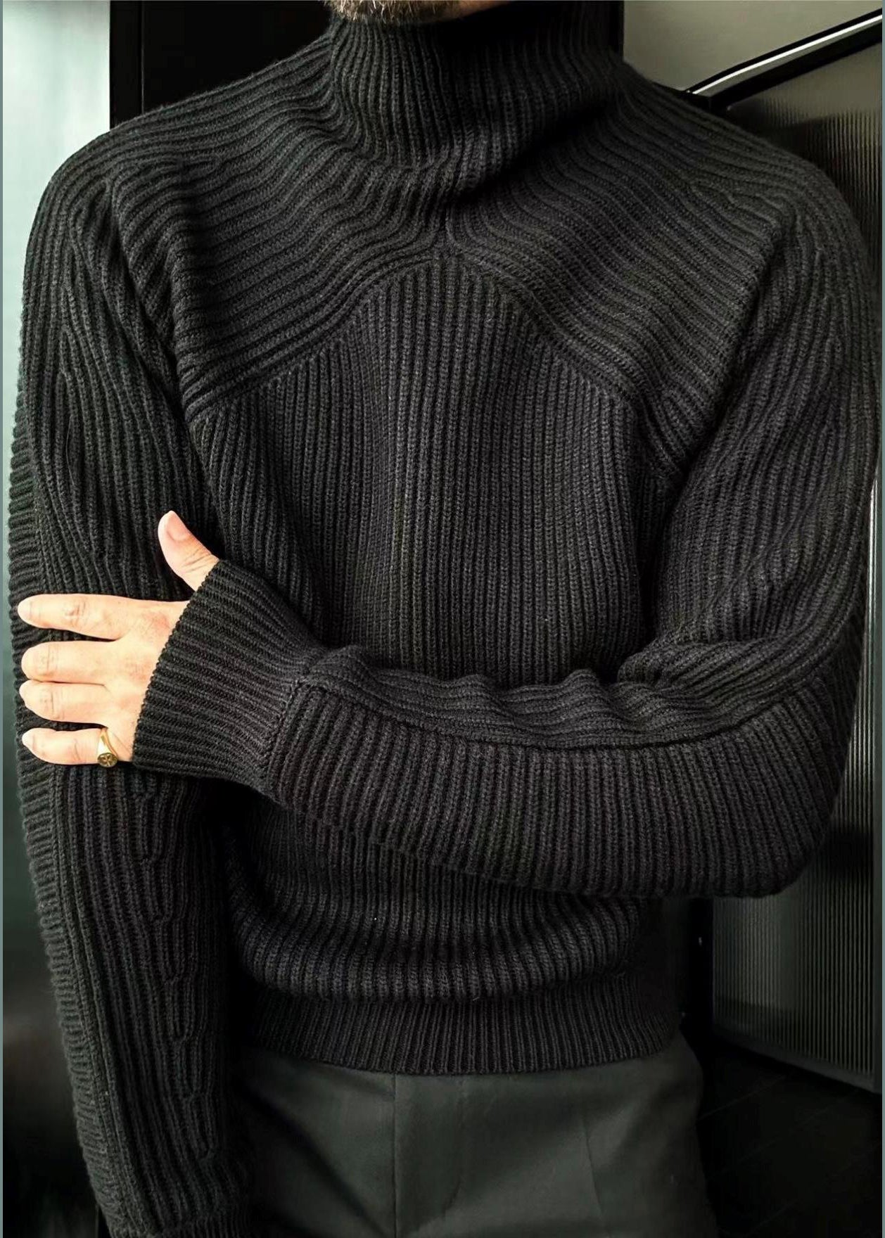Striped Grey Turtleneck Solid Knit Men Sweaters Winter