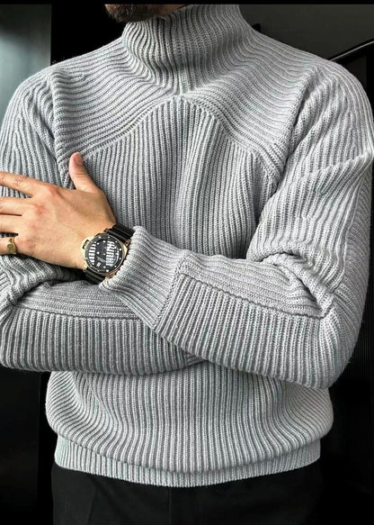 Striped Grey Turtleneck Solid Knit Men Sweaters Winter