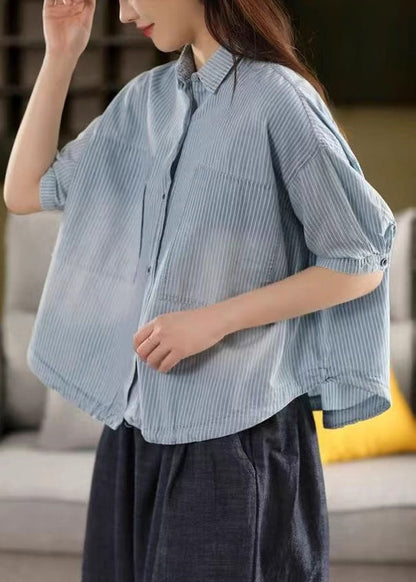 Striped Light Blue Peter Pan Collar Drawstring Cotton Shirt Summer