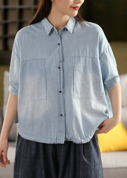 Striped Light Blue Peter Pan Collar Drawstring Cotton Shirt Summer