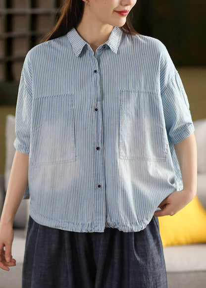 Striped Light Blue Peter Pan Collar Drawstring Cotton Shirt Summer