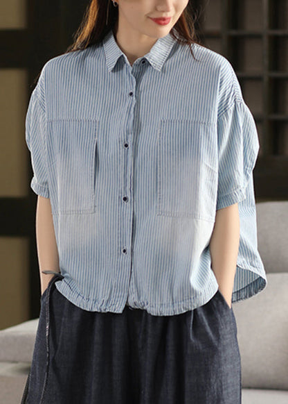Striped Light Blue Peter Pan Collar Drawstring Cotton Shirt Summer