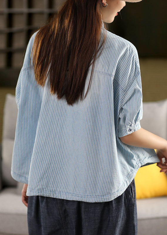 Striped Light Blue Peter Pan Collar Drawstring Cotton Shirt Summer