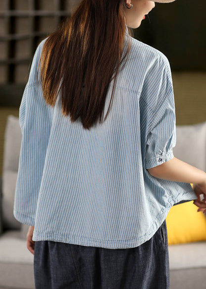Striped Light Blue Peter Pan Collar Drawstring Cotton Shirt Summer