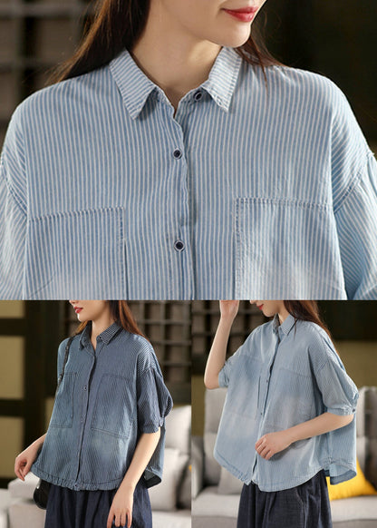 Striped Light Blue Peter Pan Collar Drawstring Cotton Shirt Summer