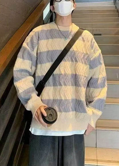 Striped Light Yellow O Neck Thick Patchwork Knitted Cotton Men Sweater Winter