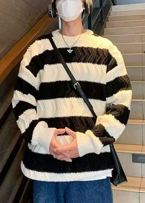 Striped Light Yellow O Neck Thick Patchwork Knitted Cotton Men Sweater Winter