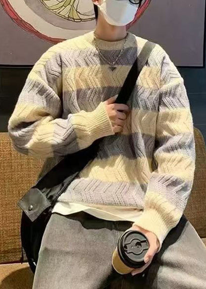 Striped Light Yellow O Neck Thick Patchwork Knitted Cotton Men Sweater Winter