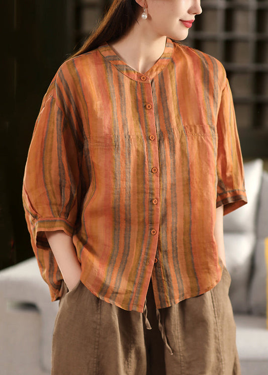 Striped Orange O-Neck Button Linen Blouse Fall