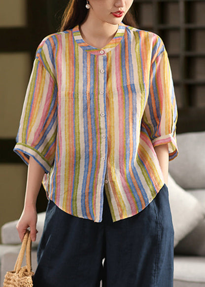Striped Orange O-Neck Button Linen Blouse Fall