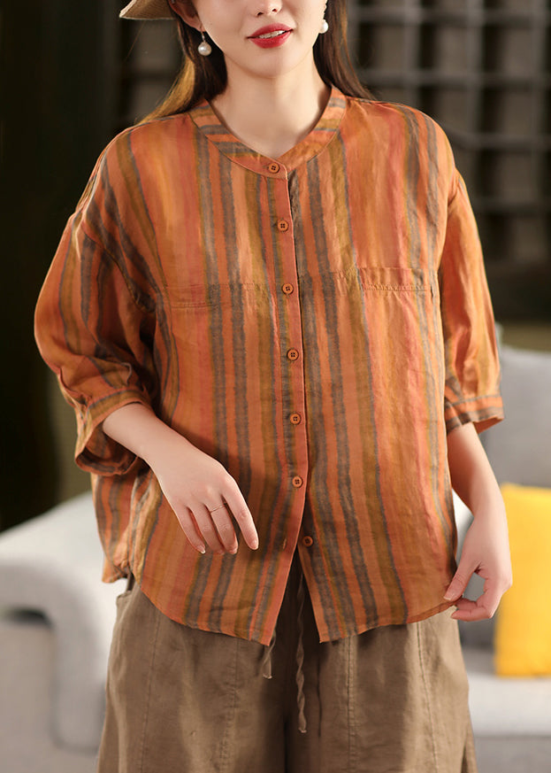 Striped Orange O-Neck Button Linen Blouse Fall