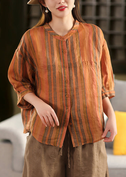 Striped Orange O-Neck Button Linen Blouse Fall