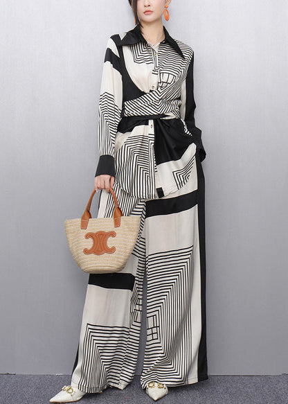 Striped Original Design Tie Waist Patchwork Two Piece Set Fall