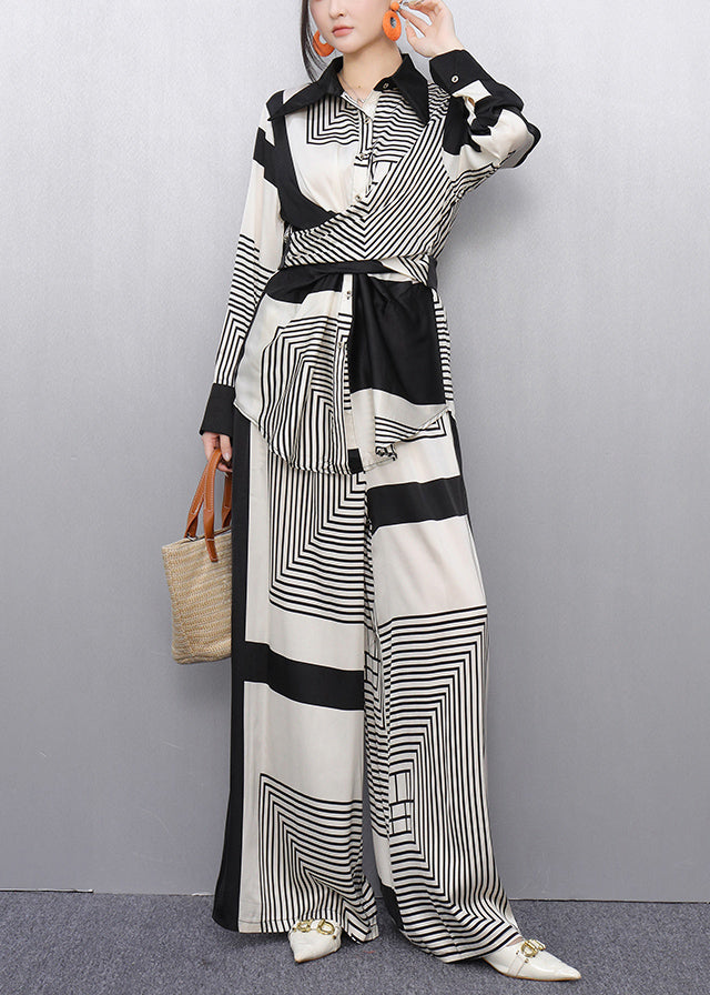 Striped Original Design Tie Waist Patchwork Two Piece Set Fall