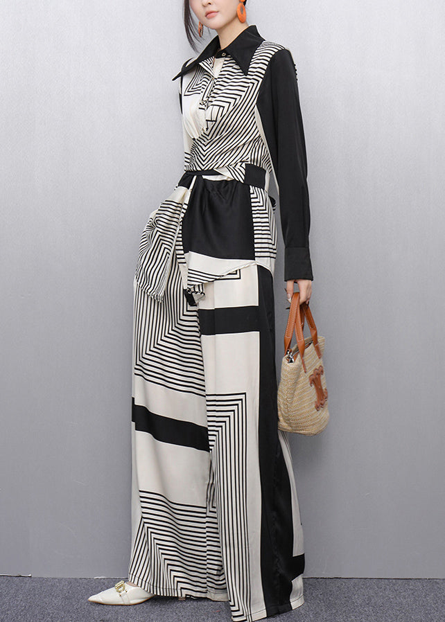 Striped Original Design Tie Waist Patchwork Two Piece Set Fall