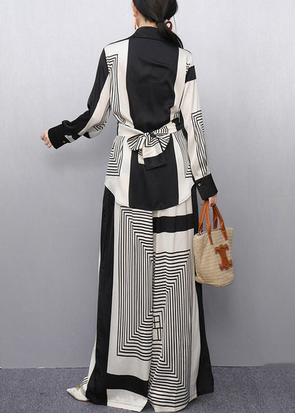 Striped Original Design Tie Waist Patchwork Two Piece Set Fall