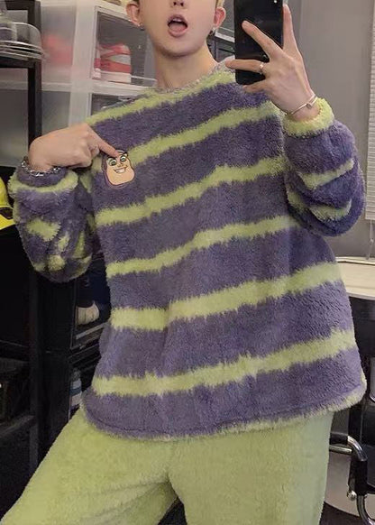 Striped Purple O Neck Cozy Fluffy Mens Sweaters Winter