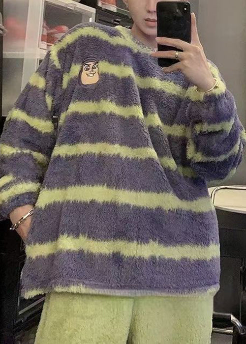 Striped Purple O Neck Cozy Fluffy Mens Sweaters Winter