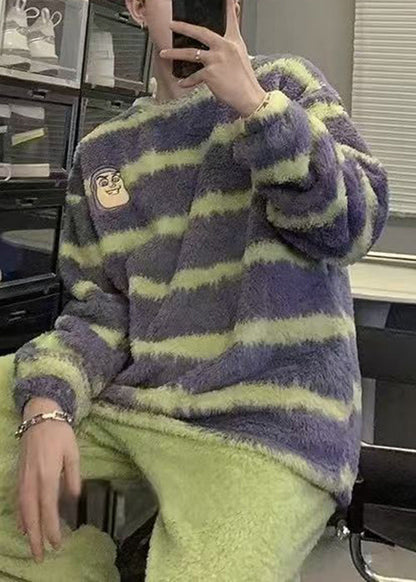 Striped Purple O Neck Cozy Fluffy Mens Sweaters Winter