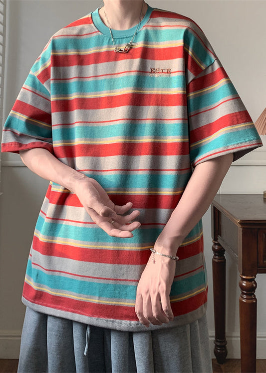Striped Red O Neck Patchwork Cotton T Shirts Men Half Sleeve