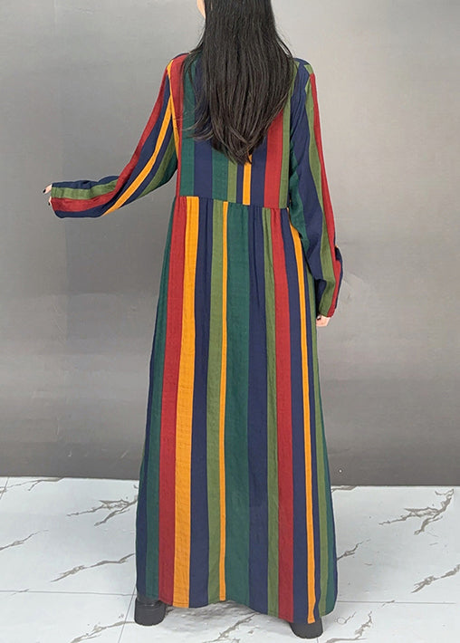 Striped V Neck Pockets Cotton Long Dresses Fall