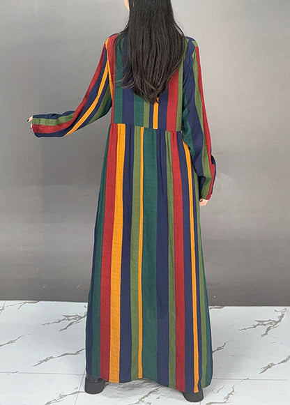 Striped V Neck Pockets Cotton Long Dresses Fall