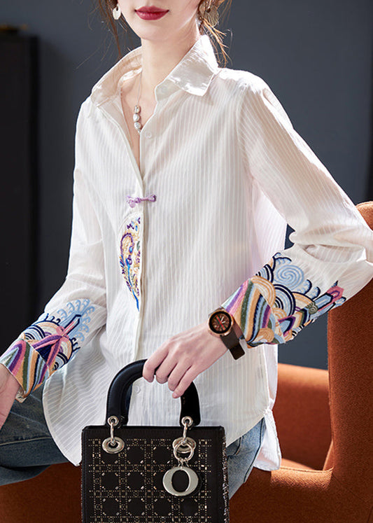 Striped White Peter Pan Collar Embroidered Cotton Blouses Spring