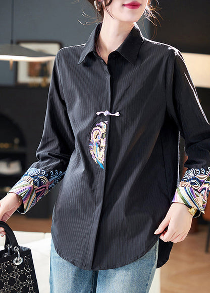 Blusas de algodón bordadas con cuello Peter Pan blanco a rayas primavera