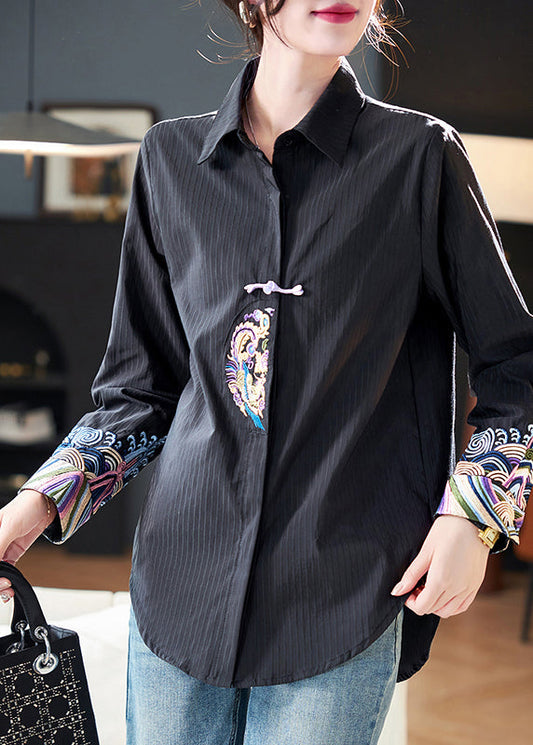 Striped White Peter Pan Collar Embroidered Cotton Blouses Spring