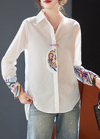 Blusas de algodón bordadas con cuello Peter Pan blanco a rayas primavera